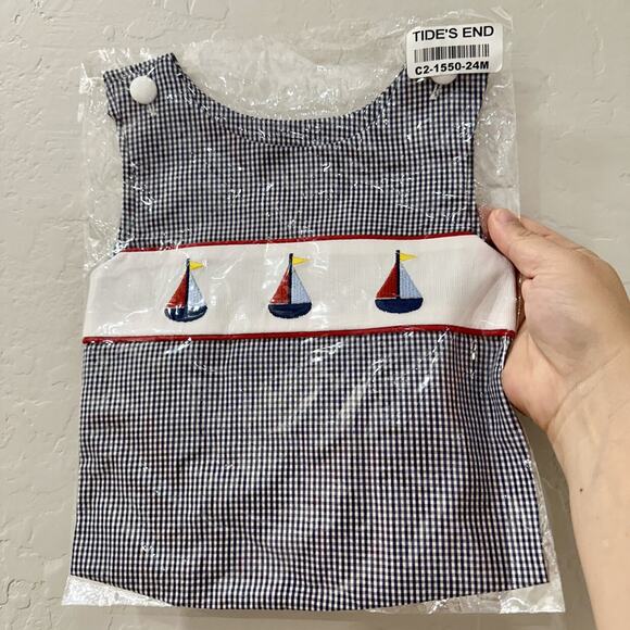 NWT Ricrac & Ruffles Tide's End Gingham Check Jon-Jon Romper - Picture 1 of 4